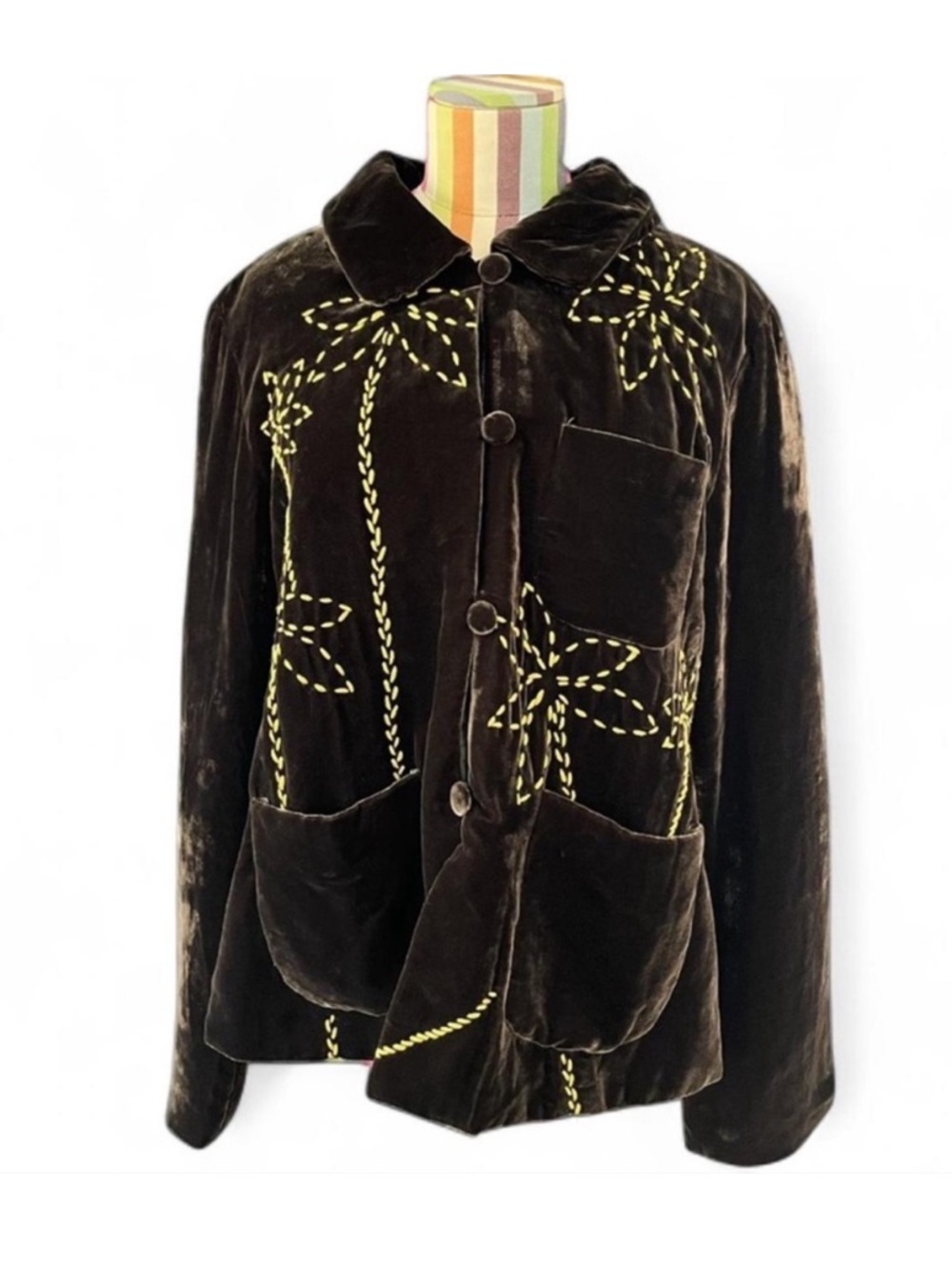 Vintage Yellow Lotus Santa Monica Velvet & Silk Embroidered Jacket